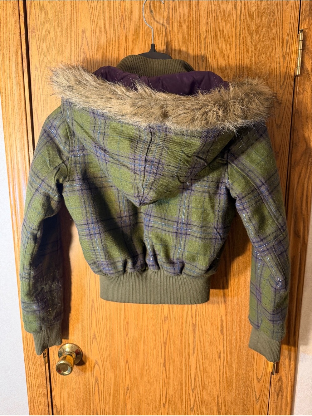 Y2K Jou Jou Wool Blend Plaid Bomber w/ Removable Faux Fur Hood - Picture 6 of 7